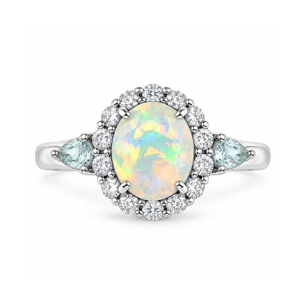 D'Joy Ethiopian Opal, Moissanite, Blue Moissanite Main Stone With Surrounding Stone Ring in Rhodium OverlaySterling Silver  2.170  Ct._8515567