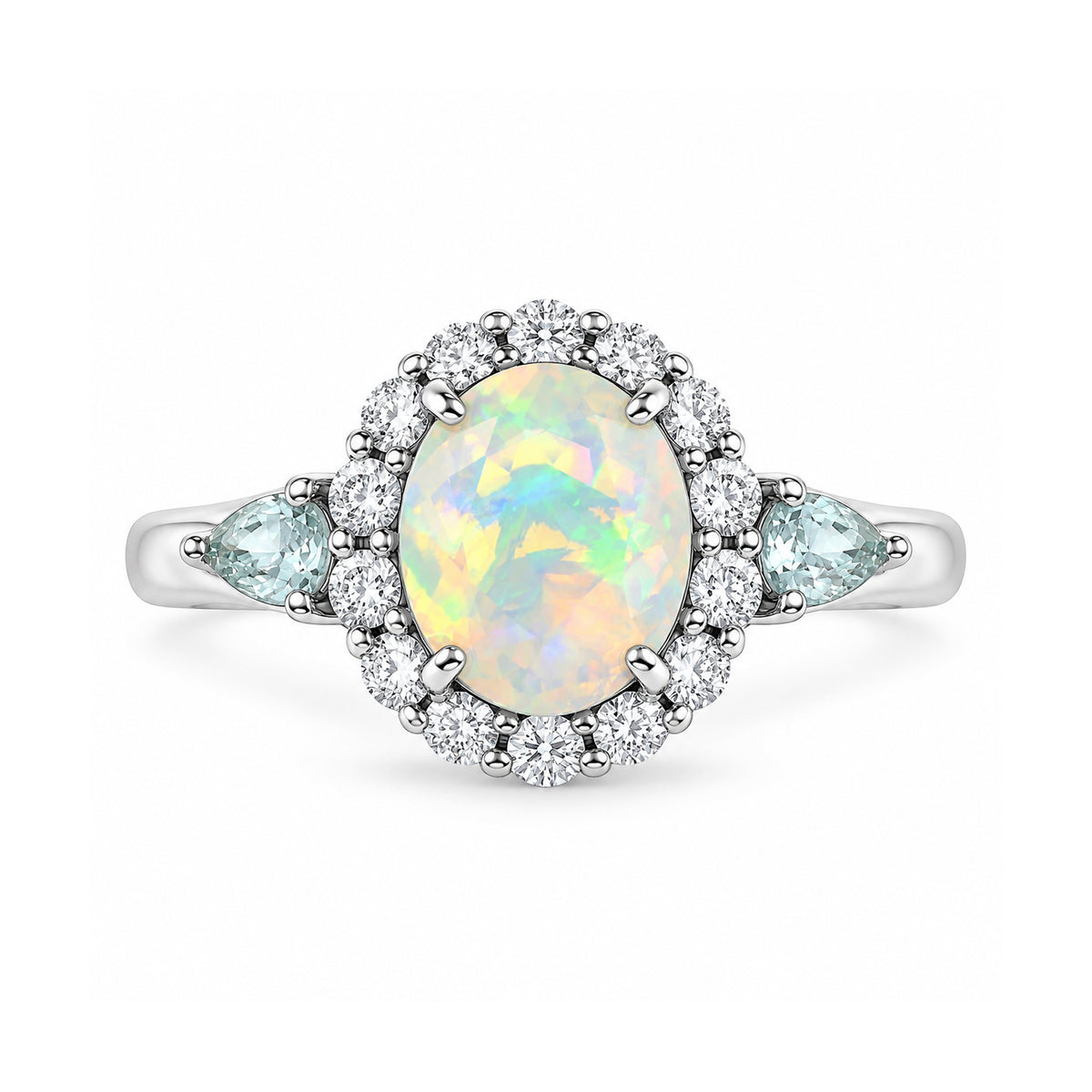 Certified and Appraised D'Joy Ethiopian Opal, Moissanite, Blue Moissanite Main Stone With Surrounding Stone Ring in Rhodium Overlay Sterling Silver 2.170 Ct. 8515567 0
