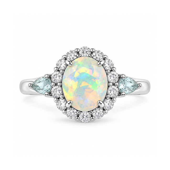 Certified and Appraised D'Joy Ethiopian Opal, Moissanite, Blue Moissanite Main Stone With Surrounding Stone Ring in Rhodium Overlay Sterling Silver 2.170 Ct. 8515567 1