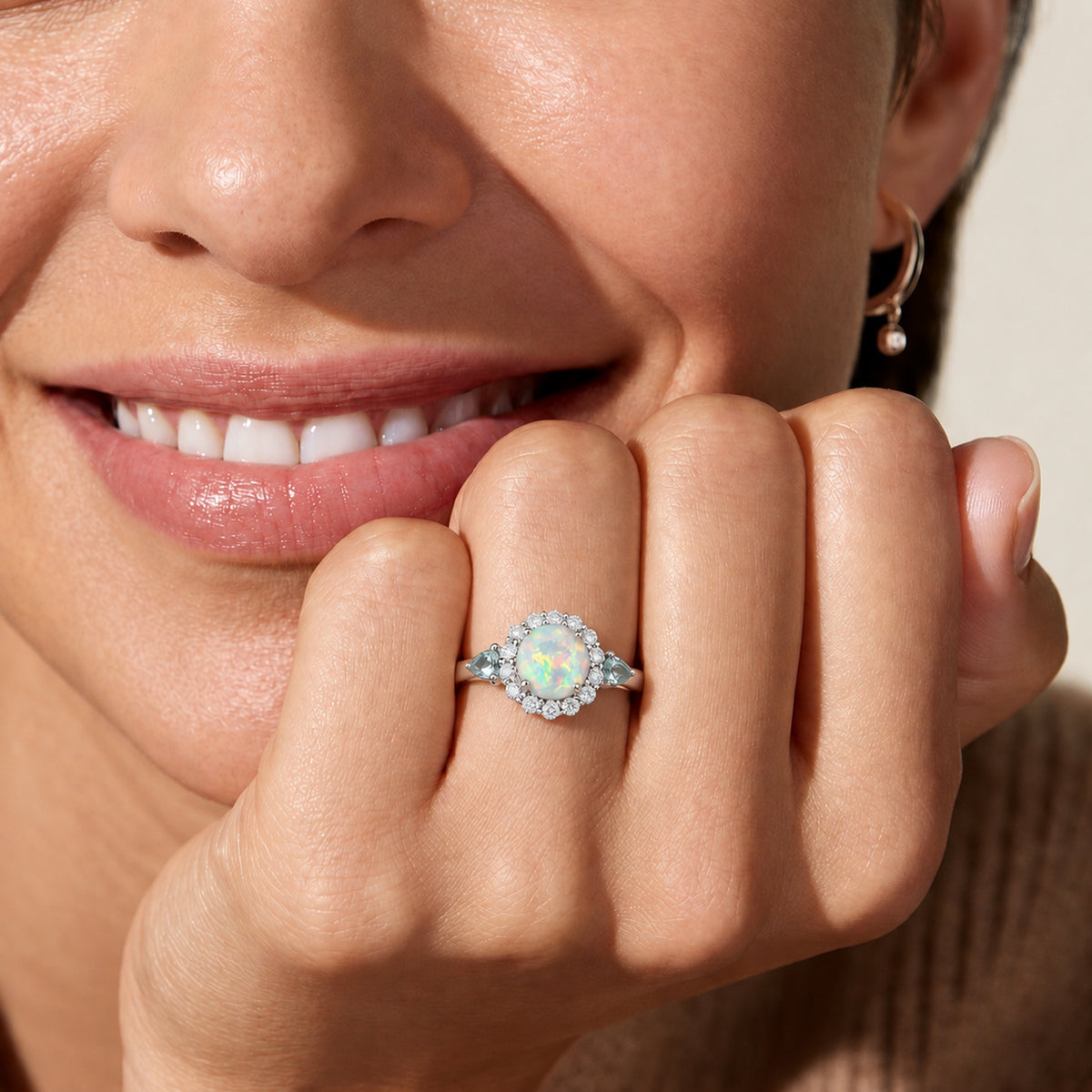Certified and Appraised D'Joy Ethiopian Opal, Moissanite, Blue Moissanite Main Stone With Surrounding Stone Ring in Rhodium Overlay Sterling Silver 2.170 Ct. 8515567 1