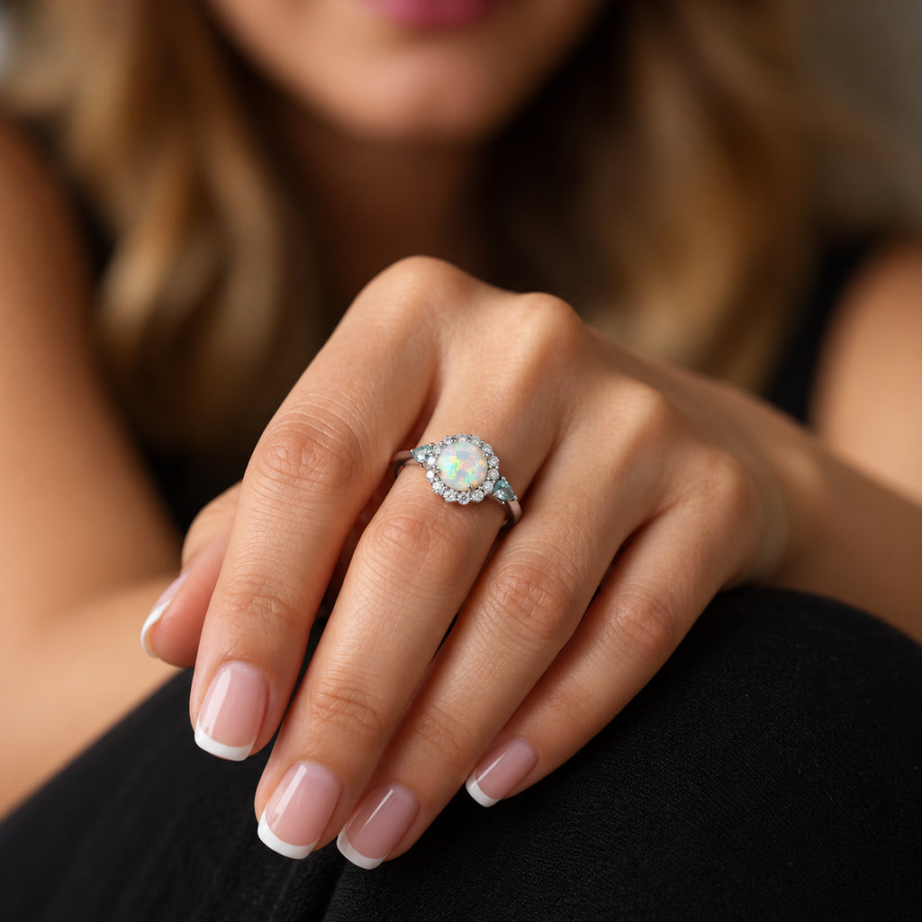 D'Joy Ethiopian Opal, Moissanite, Blue Moissanite Main Stone With Surrounding Stone Ring in Rhodium OverlaySterling Silver  2.170  Ct._8515567_2