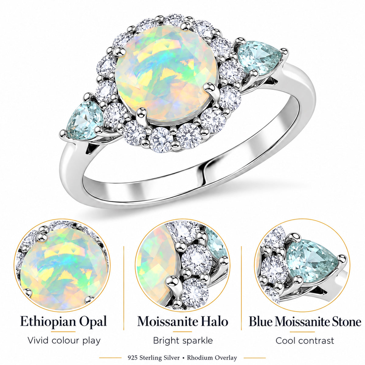 Certified and Appraised D'Joy Ethiopian Opal, Moissanite, Blue Moissanite Main Stone With Surrounding Stone Ring in Rhodium Overlay Sterling Silver 2.170 Ct. 8515567 3