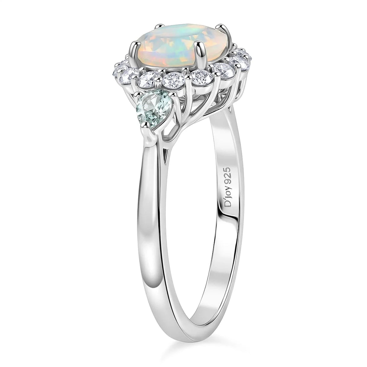 Certified and Appraised D'Joy Ethiopian Opal, Moissanite, Blue Moissanite Main Stone With Surrounding Stone Ring in Rhodium Overlay Sterling Silver 2.170 Ct. 8515567 5
