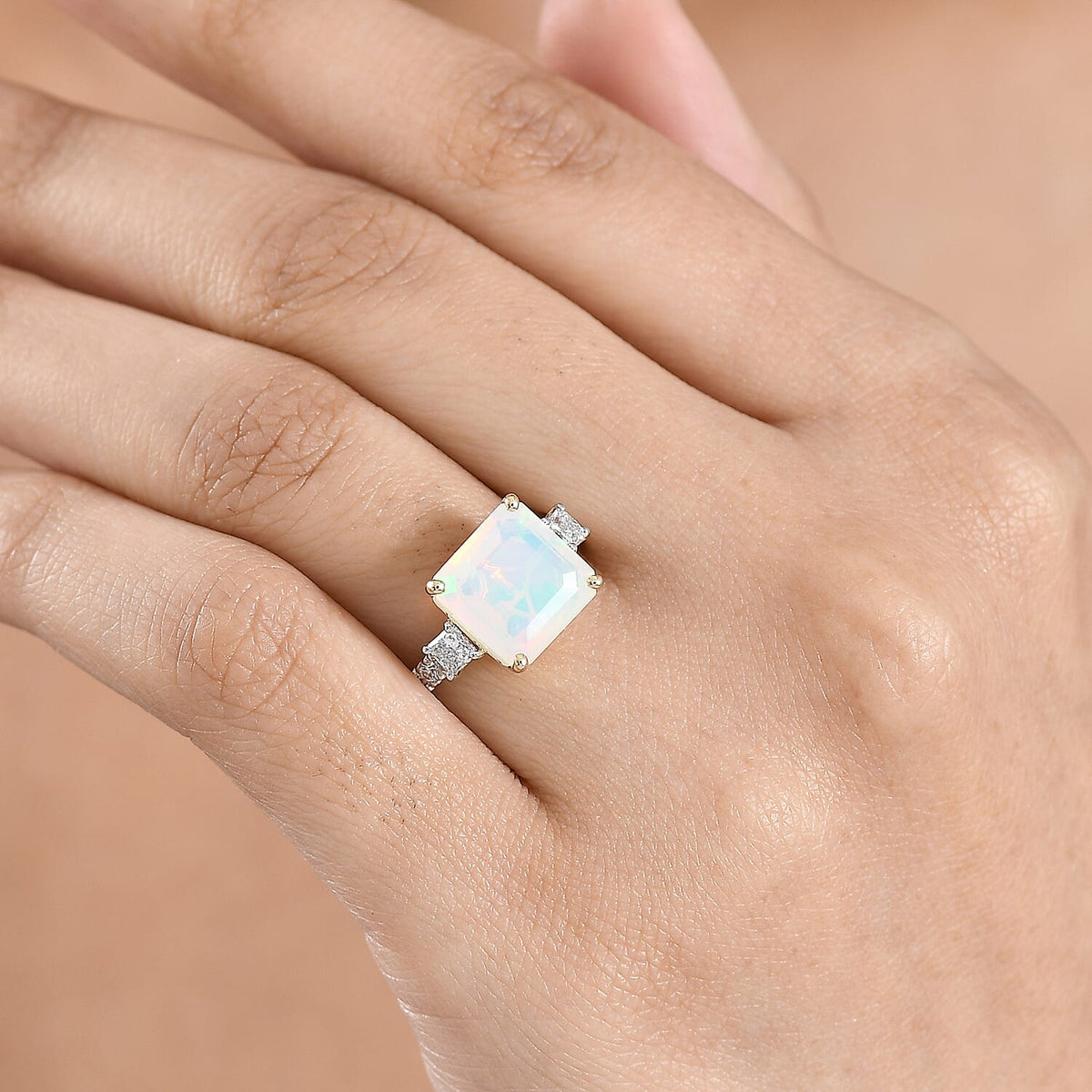 Certified and Appraised LUXURIANT AAA Ethiopian Opal, Lab Grown Diamond GH, SI Main Stone With Side Stone Ring in 10K Yellow Gold, Gold Wt.2.61 Gms  3.050  Ct. 8515579 2