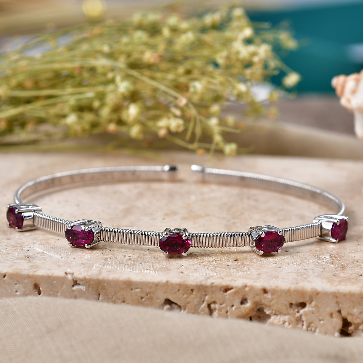 D'Joy - Natural Radiant Ember Garnet Full Bangle (Size - 7.5) in Rhodium Overlay Sterling Silver 2.85 Ct. 8515940 3