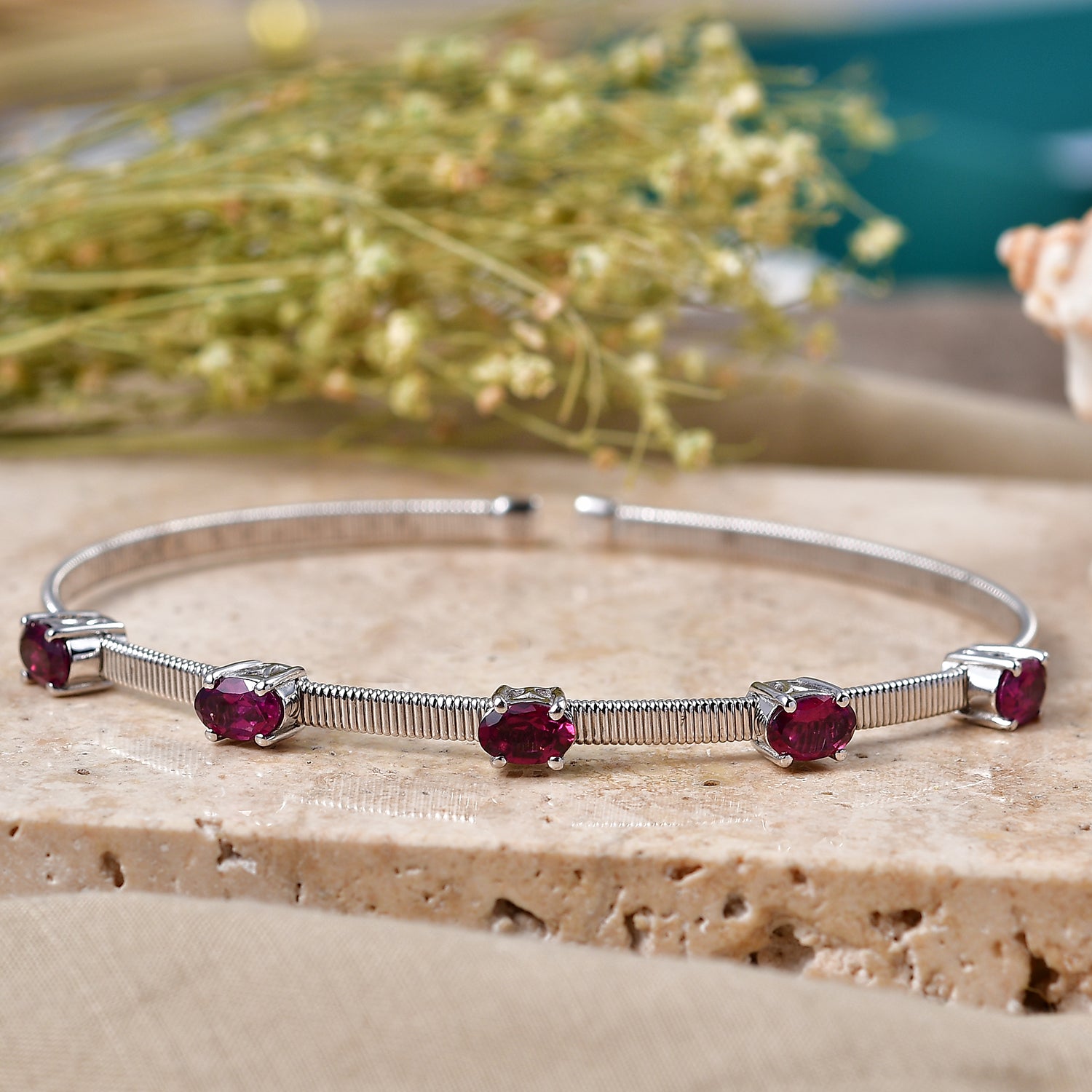 D'Joy - Natural Radiant Ember Garnet Full Bangle (Size - 7.5) in Rhodium Overlay Sterling Silver 2.85 Ct. 8515940 3