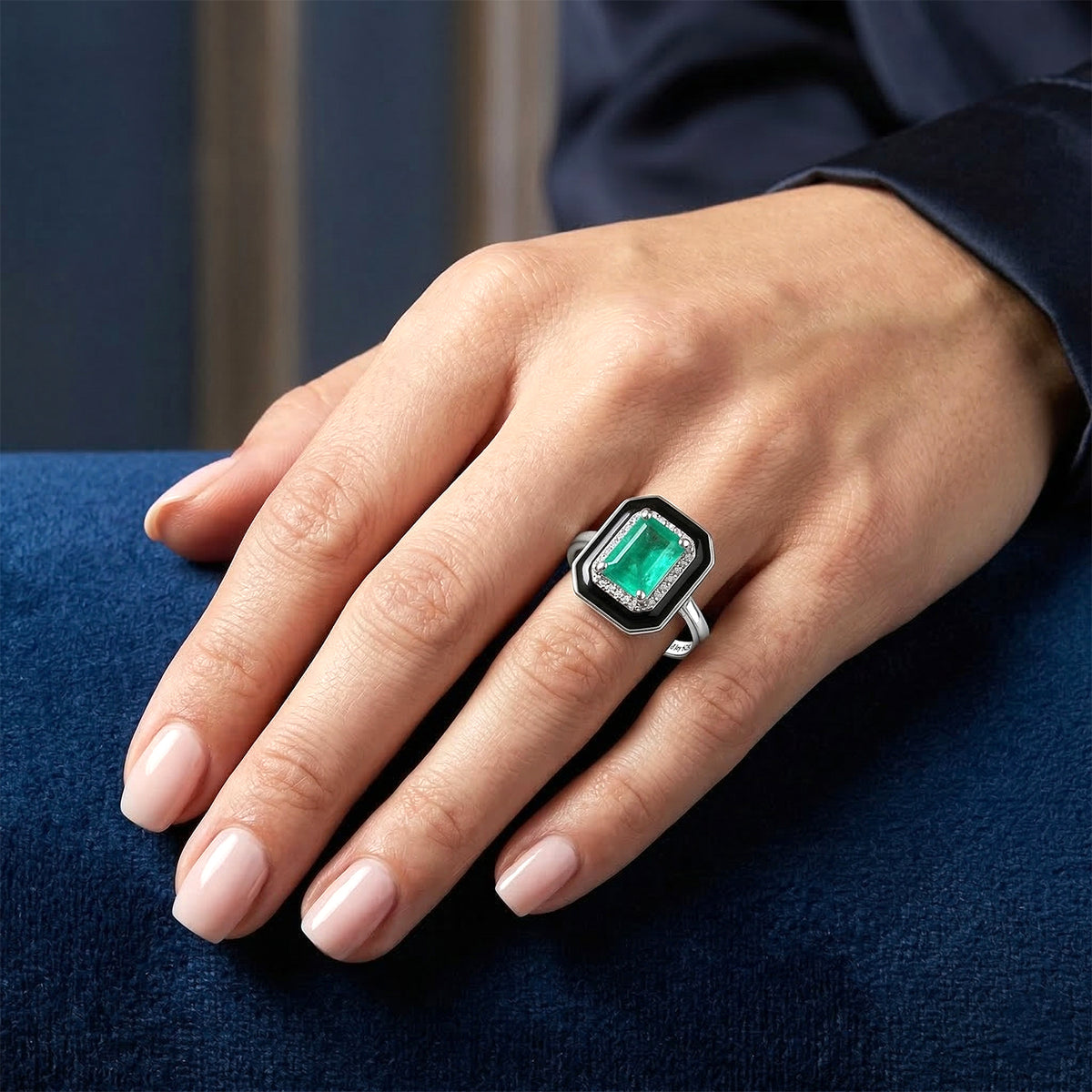 D'Joy Emeraldine Triplet Quartz &amp; White Zircon Halo Ring in Rhodium Overlay Sterling Silver 2.14 Ct. V32514321 2
