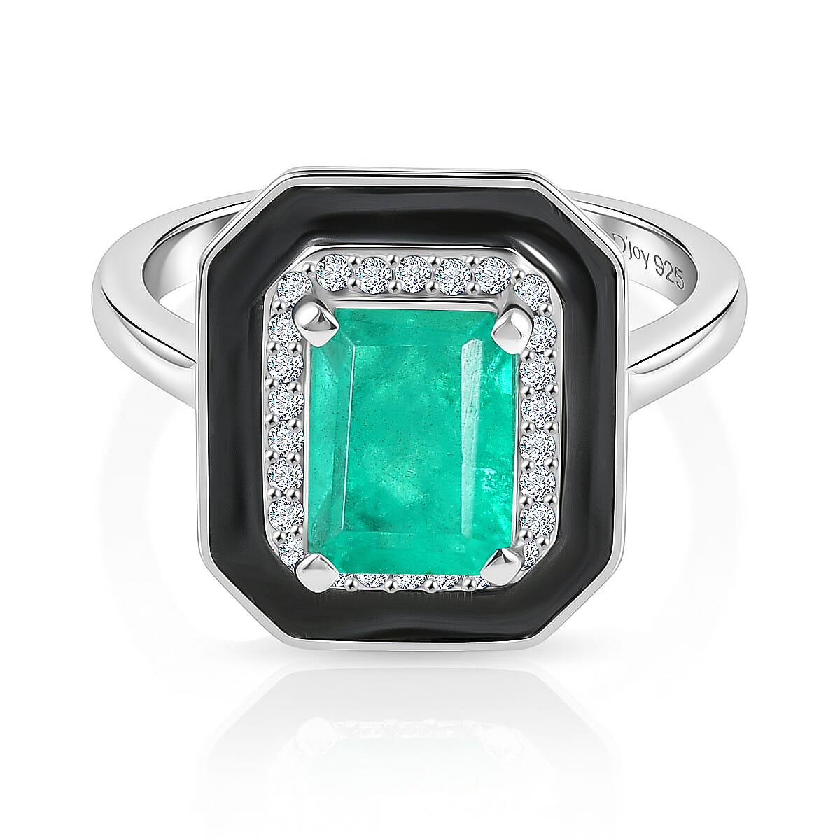 D'Joy Emeraldine Triplet Quartz &amp; White Zircon Halo Ring in Rhodium Overlay Sterling Silver 2.14 Ct. V32528835 0