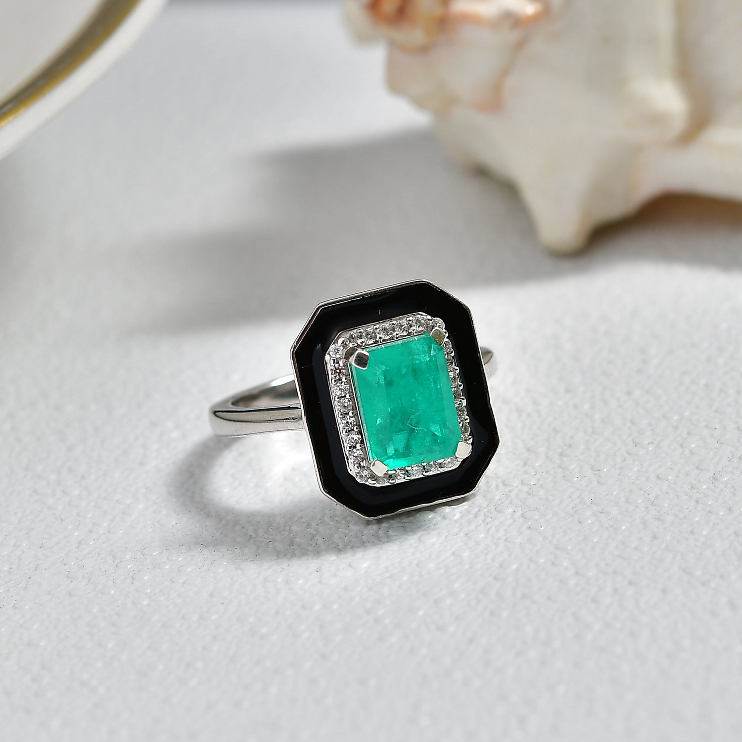 D'Joy Emeraldine Triplet Quartz &amp; White Zircon Halo Ring in Rhodium Overlay Sterling Silver 2.14 Ct. V32519486 3