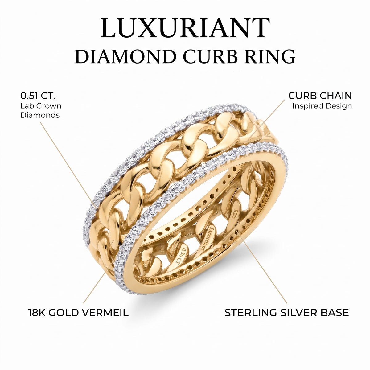 LUXURIANT 0.51 ct. Lab Grown Diamond Curb Chain Band Ring in 18K Vermeil Yellow Gold Plated Sterling Silver (SI-GH) 8516192 6