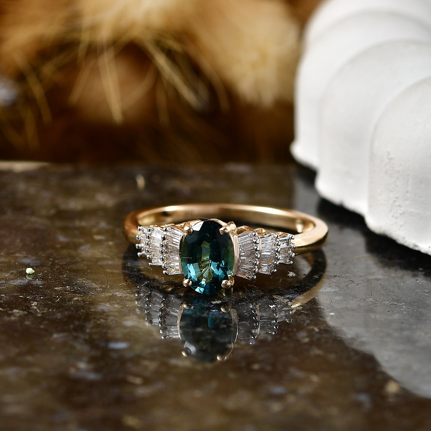 9K Yellow Gold AAA Mutuca Indicolite &amp; Natural White Diamond Ballerina Ring 1.00 Ct. V32517783 3