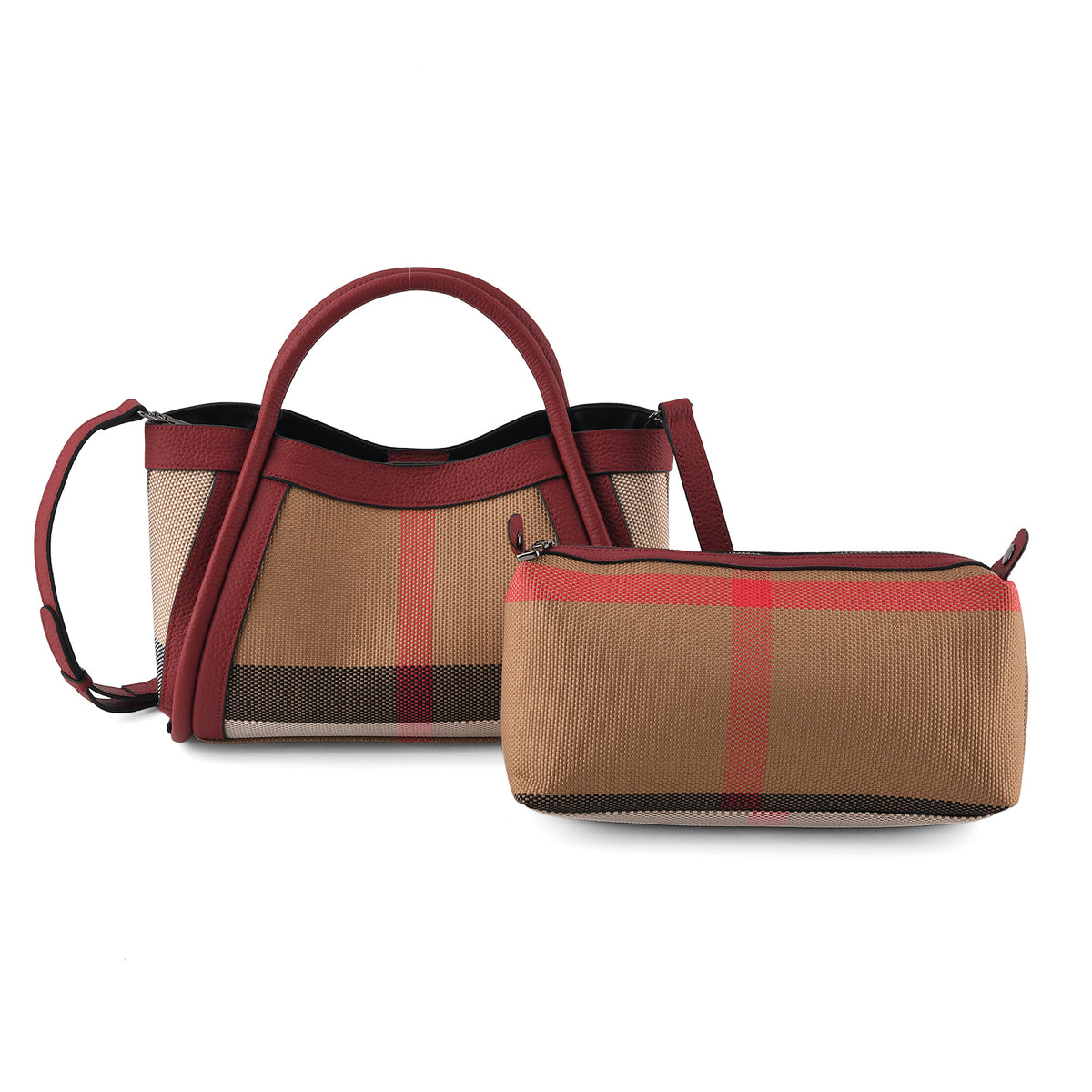 Designer Inspired-  Genuine Leather Check Stripe Tote Bag with Matching Zip Pouch - Burgundy V32519438 0