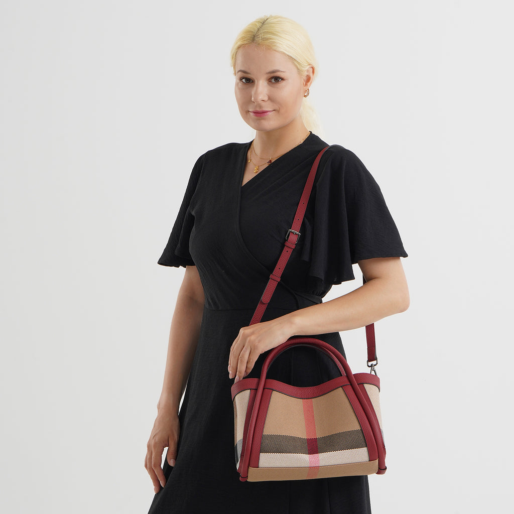 2 Piece Genuine Leather Check Stripe Tote Bag with Matching Zip Pouch - Burgundy & Multi_8516359_2