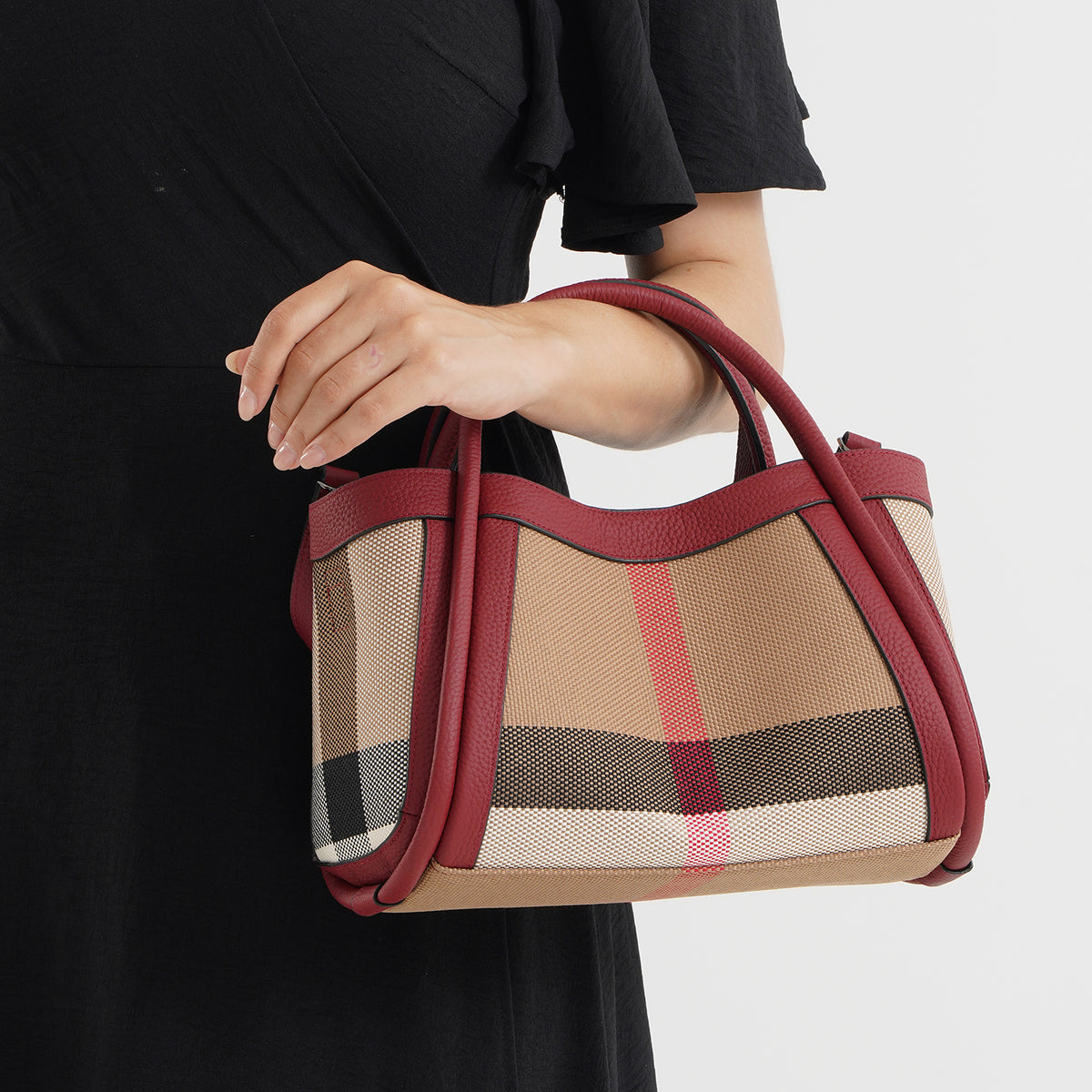 Designer Inspired-  Genuine Leather Check Stripe Tote Bag with Matching Zip Pouch - Burgundy V32519438 3