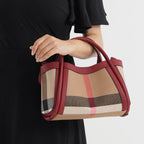 2 Piece Genuine Leather Check Stripe Tote Bag with Matching Zip Pouch - Burgundy & Multi_8516359_3