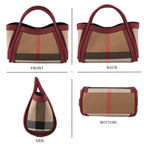 2 Piece Genuine Leather Check Stripe Tote Bag with Matching Zip Pouch - Burgundy & Multi_8516359_4