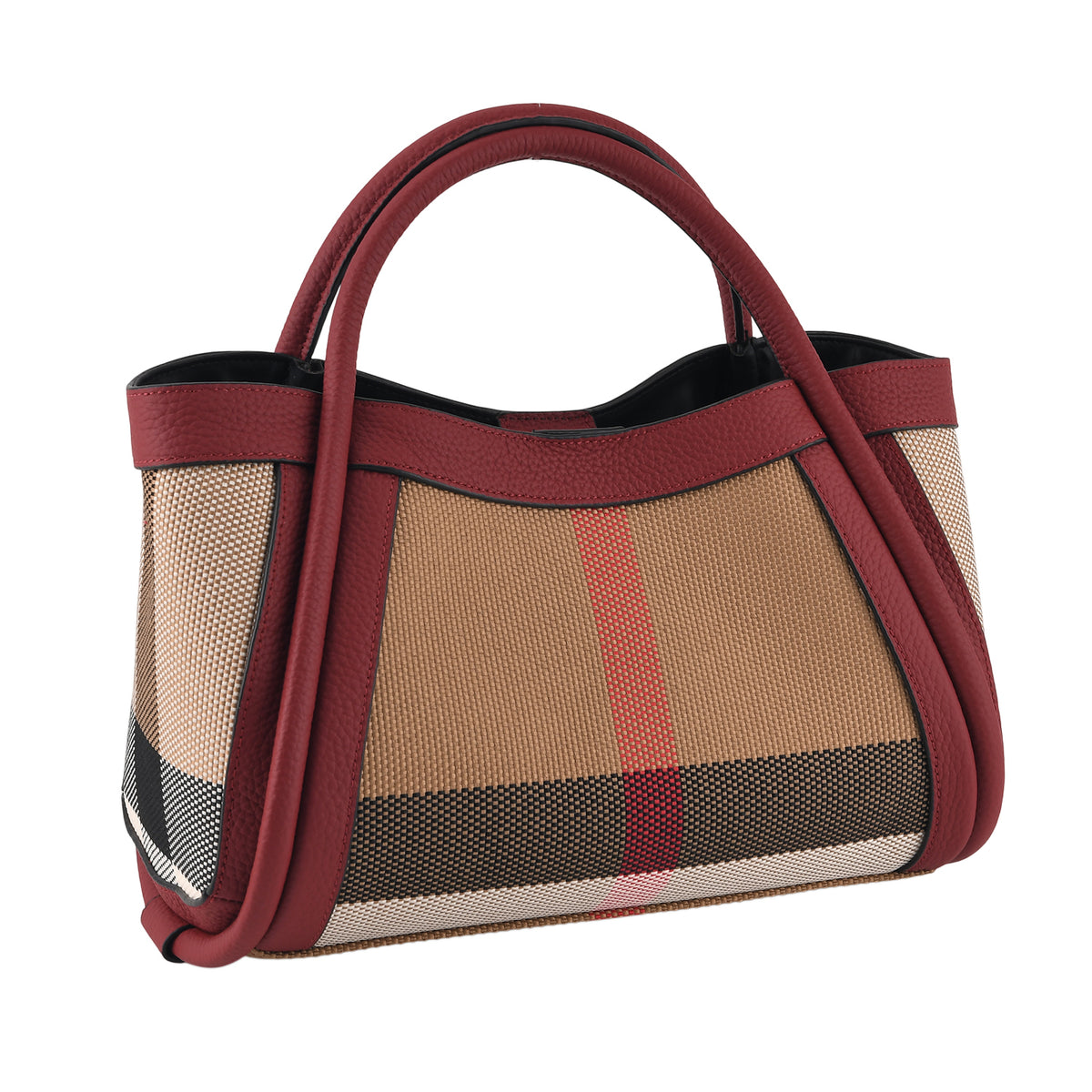 Designer Inspired-  Genuine Leather Check Stripe Tote Bag with Matching Zip Pouch - Burgundy V32519438 5