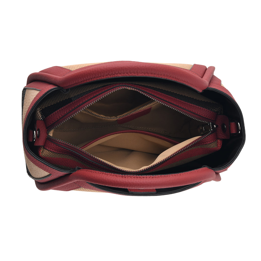 2 Piece Genuine Leather Check Stripe Tote Bag with Matching Zip Pouch - Burgundy & Multi_8516359_6