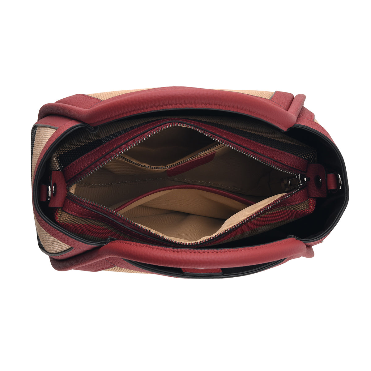 Designer Inspired-  Genuine Leather Check Stripe Tote Bag with Matching Zip Pouch - Burgundy V32519438 6