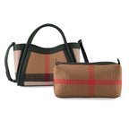 2 Piece Genuine Leather Check Stripe Tote Bag with Matching Zip Pouch - Dark Green & Multi_8516360