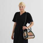 2 Piece Genuine Leather Check Stripe Tote Bag with Matching Zip Pouch - Dark Green & Multi_8516360_2