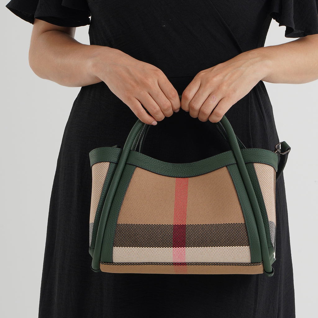 2 Piece Genuine Leather Check Stripe Tote Bag with Matching Zip Pouch - Dark Green & Multi_8516360_3