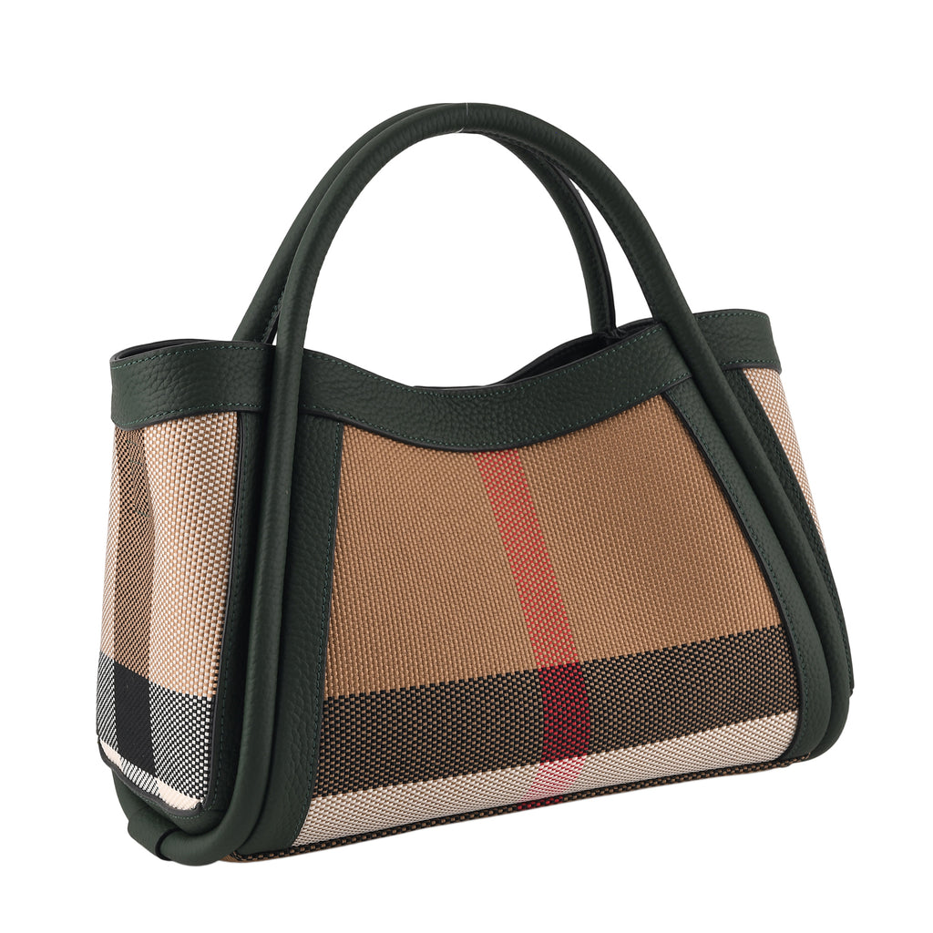 2 Piece Genuine Leather Check Stripe Tote Bag with Matching Zip Pouch - Dark Green & Multi_8516360_5