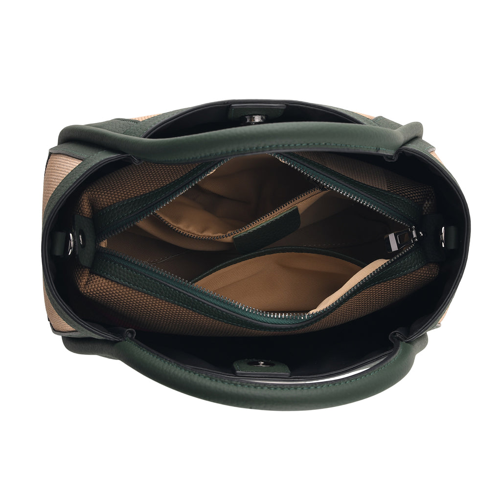 2 Piece Genuine Leather Check Stripe Tote Bag with Matching Zip Pouch - Dark Green & Multi_8516360_6