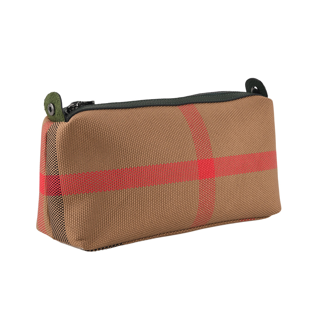 2 Piece Genuine Leather Check Stripe Tote Bag with Matching Zip Pouch - Dark Green & Multi_8516360_8