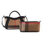 2 Piece Genuine Leather Check Stripe Tote Bag with Matching Zip Pouch - Black & Multi_8516361