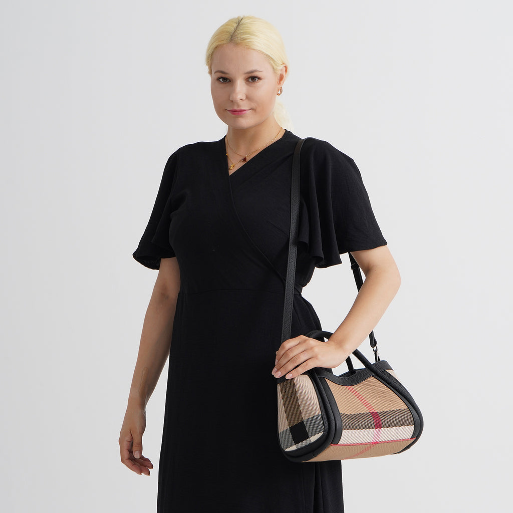2 Piece Genuine Leather Check Stripe Tote Bag with Matching Zip Pouch - Black & Multi_8516361_2
