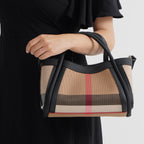 2 Piece Genuine Leather Check Stripe Tote Bag with Matching Zip Pouch - Black & Multi_8516361_3