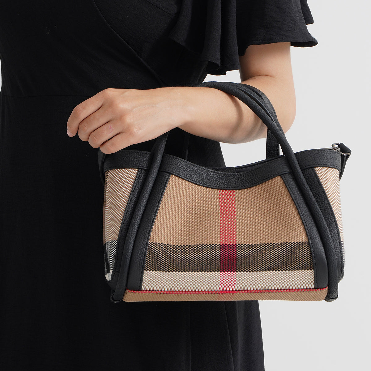 Designer Inspired-  Genuine Leather Check Stripe Tote Bag with Matching Zip Pouch - Black V32518729 3