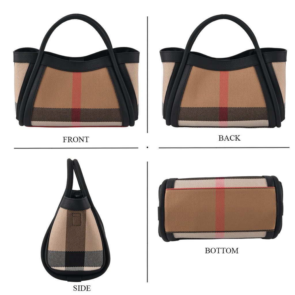 2 Piece Genuine Leather Check Stripe Tote Bag with Matching Zip Pouch - Black & Multi_8516361_4