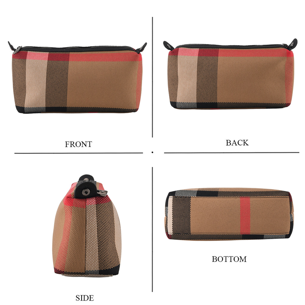 2 Piece Genuine Leather Check Stripe Tote Bag with Matching Zip Pouch - Black & Multi_8516361_7