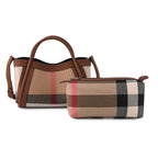 2 Piece Genuine Leather Check Stripe Tote Bag with Matching Zip Pouch - Brown & Multi_8516362