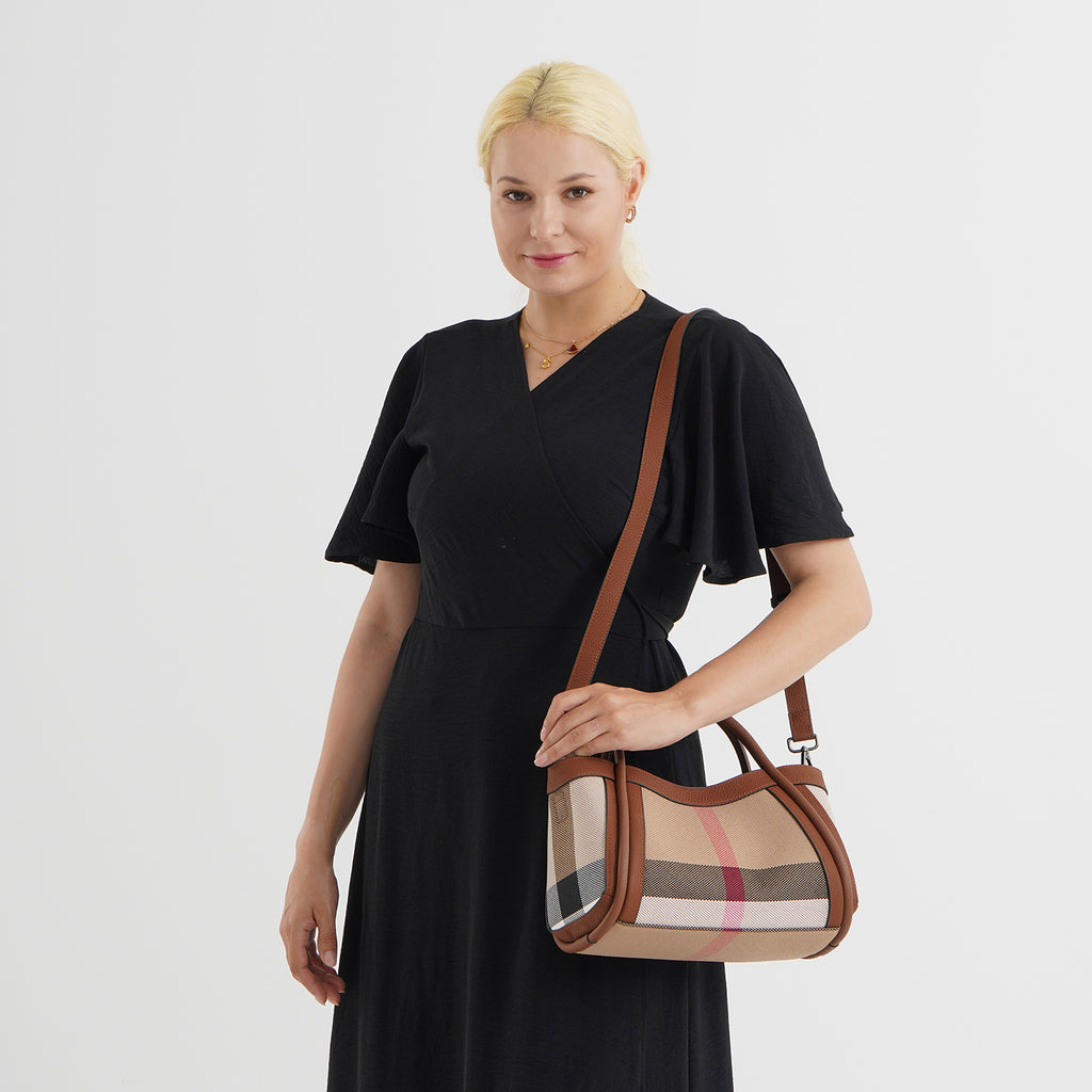 2 Piece Genuine Leather Check Stripe Tote Bag with Matching Zip Pouch - Brown & Multi_8516362_2