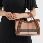 2 Piece Genuine Leather Check Stripe Tote Bag with Matching Zip Pouch - Brown & Multi_8516362_3