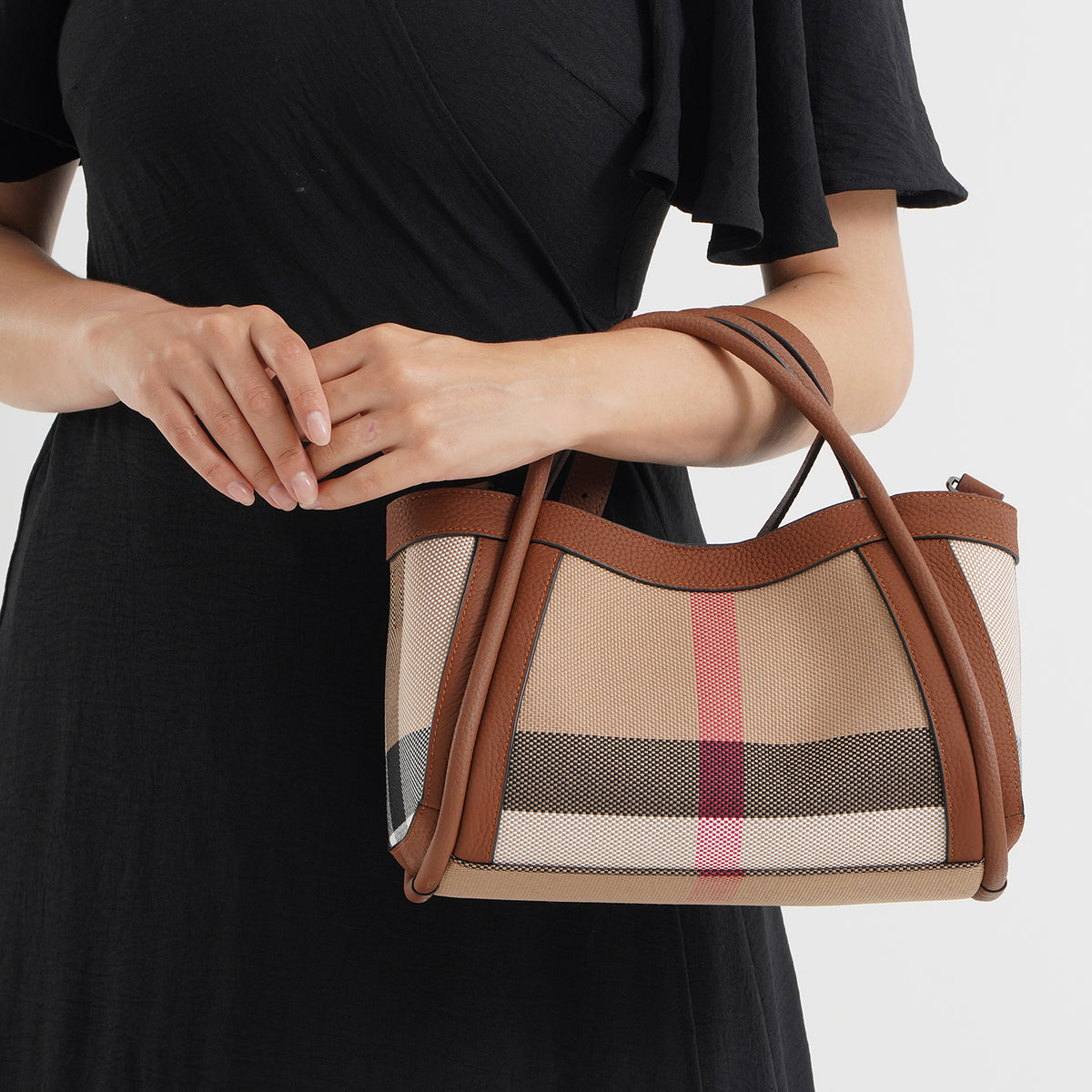 Designer Inspired-  Genuine Leather Check Stripe Tote Bag with Matching Zip Pouch - Brown V32518395 3
