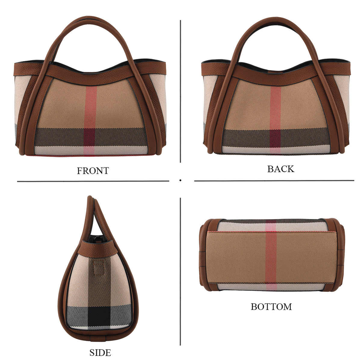 Designer Inspired-  Genuine Leather Check Stripe Tote Bag with Matching Zip Pouch - Brown V32518395 4