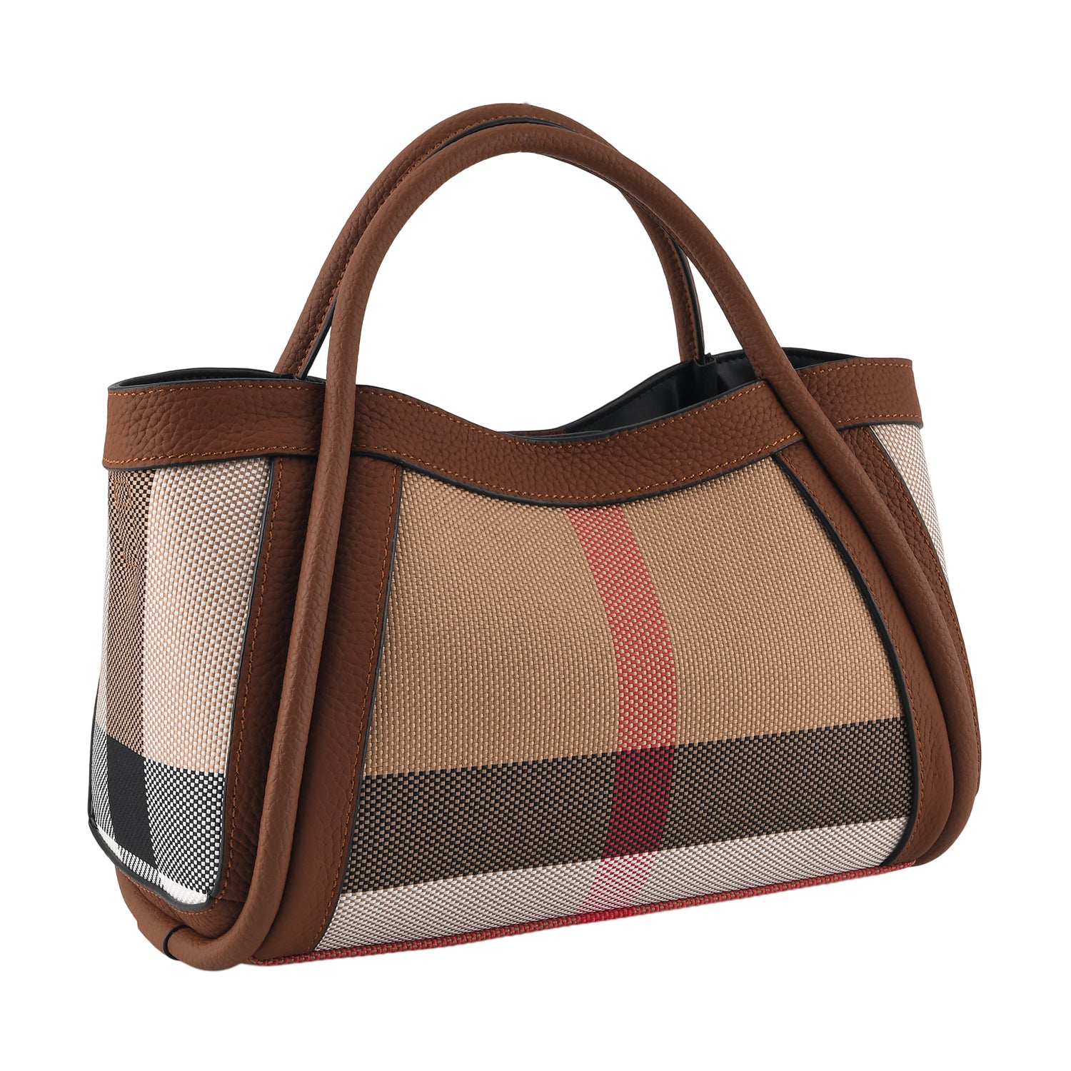 Designer Inspired-  Genuine Leather Check Stripe Tote Bag with Matching Zip Pouch - Brown V32518395 5