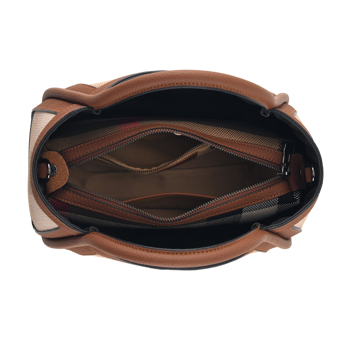 Designer Inspired-  Genuine Leather Check Stripe Tote Bag with Matching Zip Pouch - Brown V32518395 6