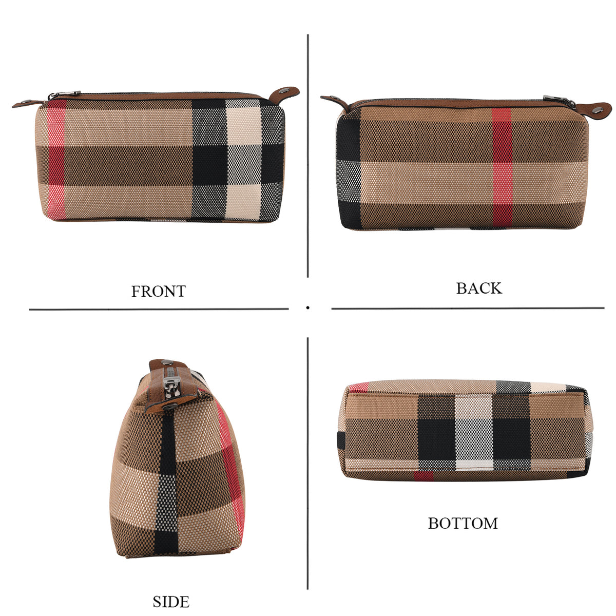 Designer Inspired-  Genuine Leather Check Stripe Tote Bag with Matching Zip Pouch - Brown V32518395 7