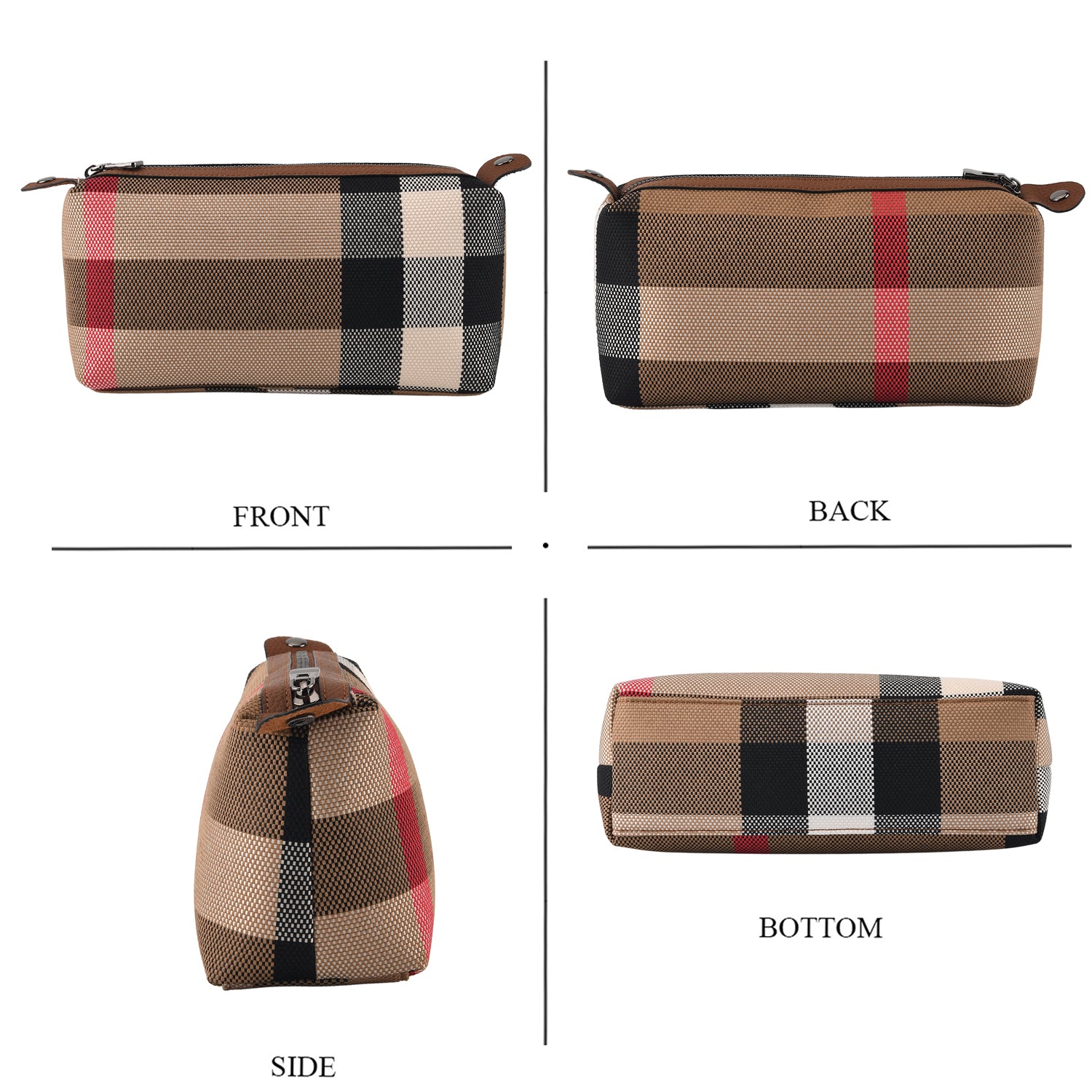 Designer Inspired-  Genuine Leather Check Stripe Tote Bag with Matching Zip Pouch - Brown V32518395 7