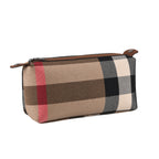 2 Piece Genuine Leather Check Stripe Tote Bag with Matching Zip Pouch - Brown & Multi_8516362_8