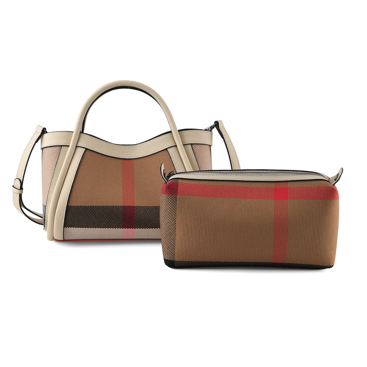 2 Piece Genuine Leather Check Stripe Tote Bag with Matching Zip Pouch - Ivory V32611827 0