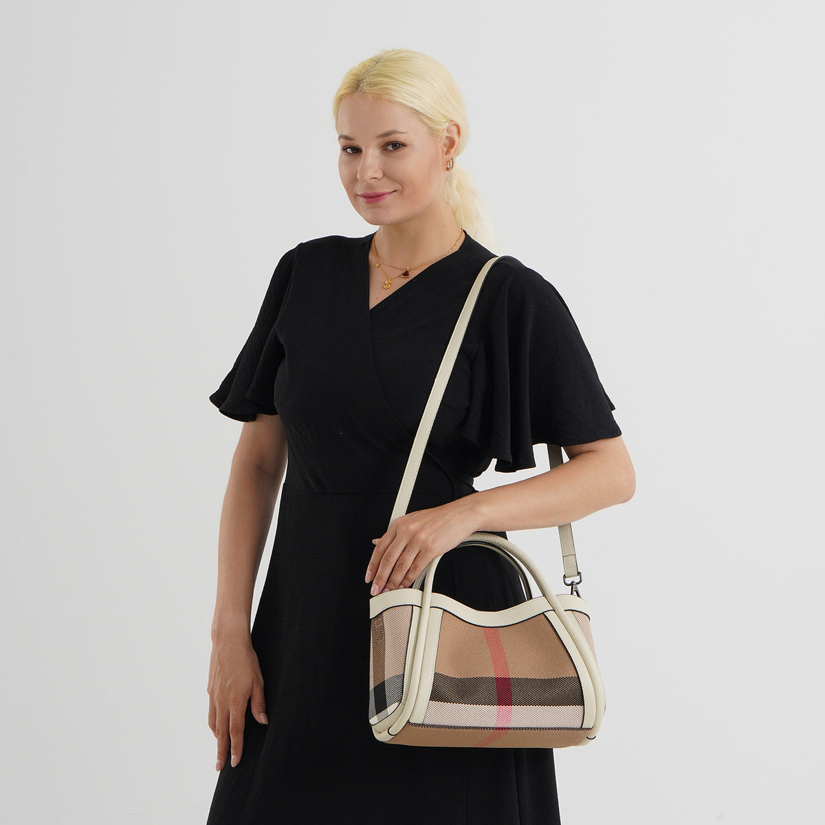 2 Piece Genuine Leather Check Stripe Tote Bag with Matching Zip Pouch - Ivory V32611827 2