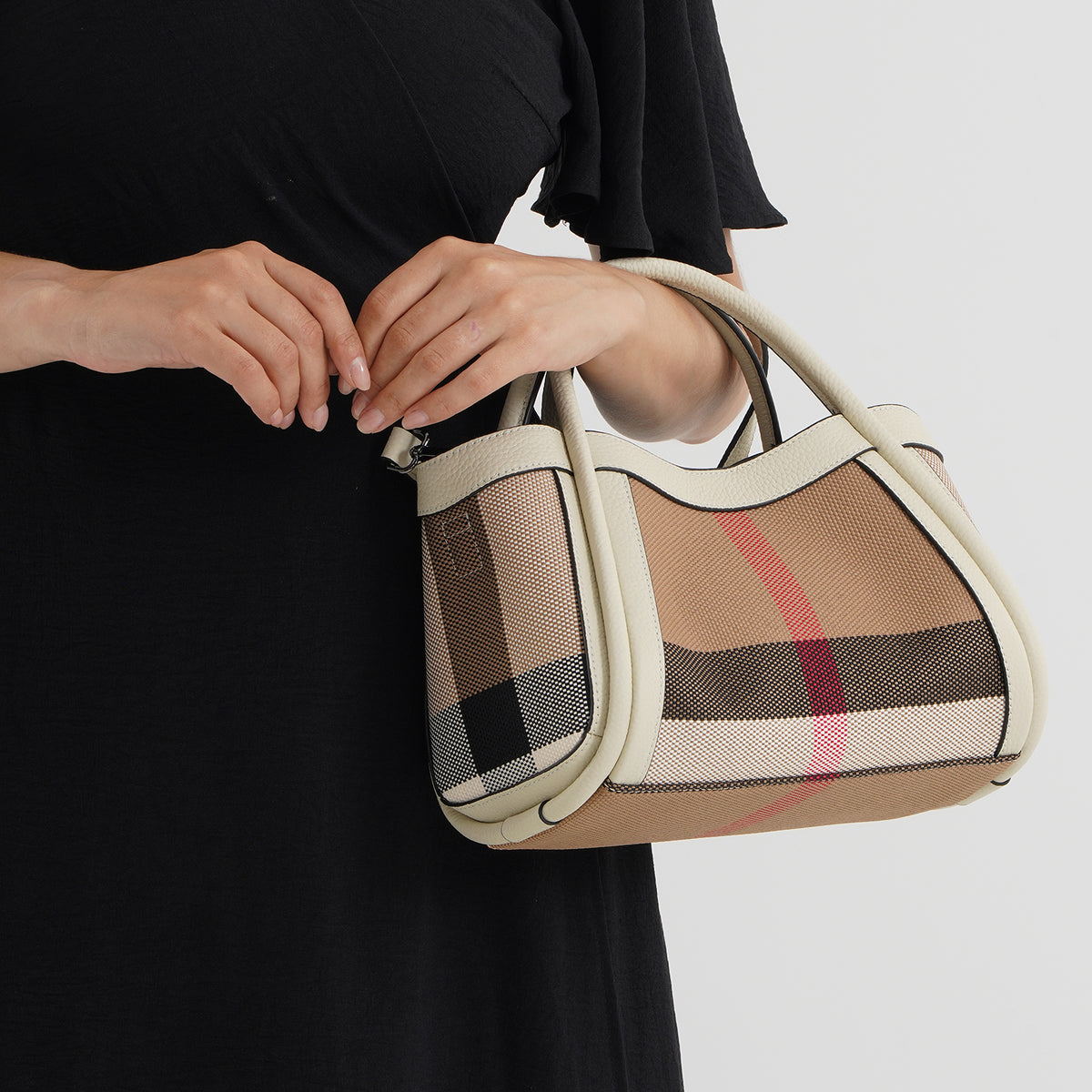 2 Piece Genuine Leather Check Stripe Tote Bag with Matching Zip Pouch - Ivory V32611827 3