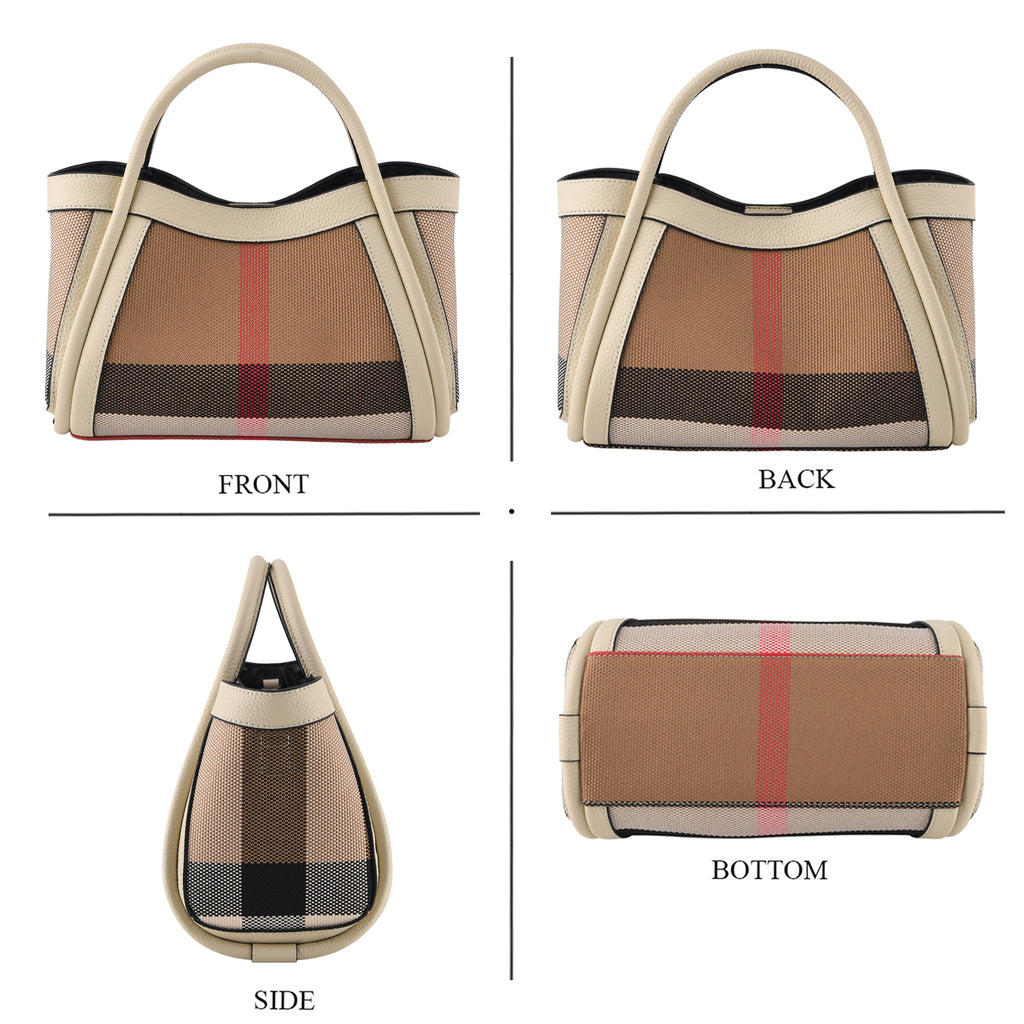 2 Piece Genuine Leather Check Stripe Tote Bag with Matching Zip Pouch - White & Multi_8516363_4