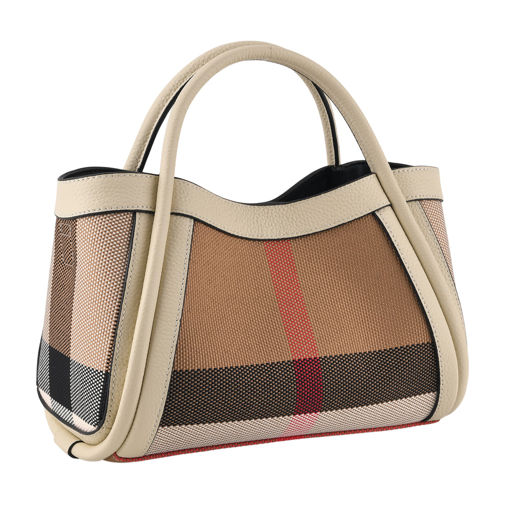 2 Piece Genuine Leather Check Stripe Tote Bag with Matching Zip Pouch - White & Multi_8516363_5